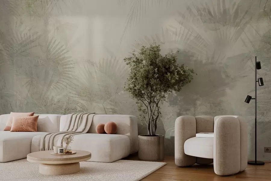 murais de parede Papel de parede retrô tropical texturizado em tons de bege w03399