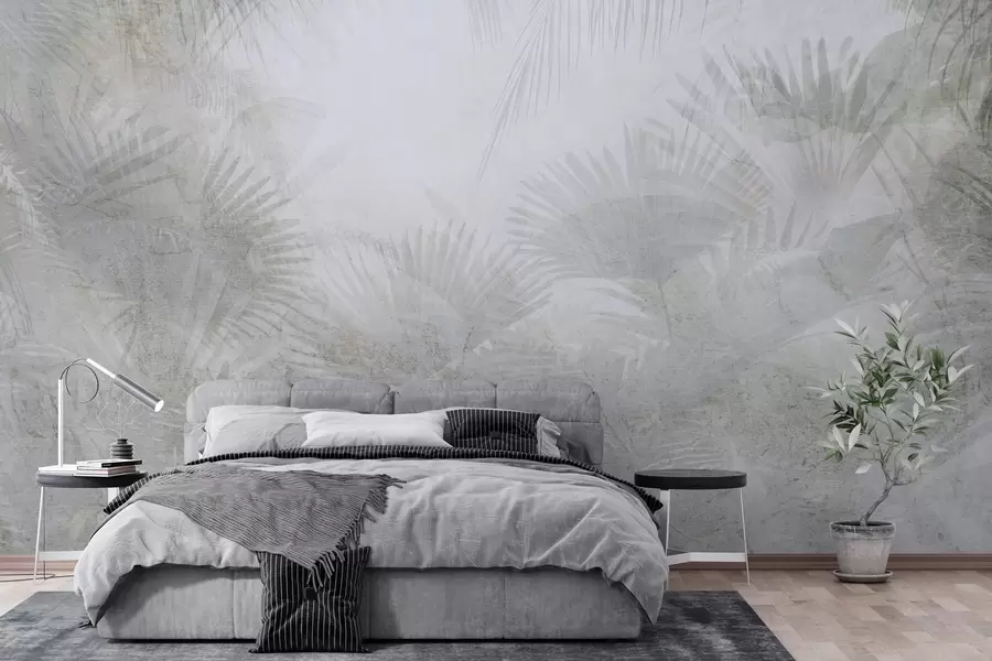murais de parede Papel de parede retrô tropical texturizado em tons de cinza w03399v1