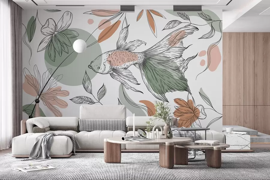murais de parede Desenho de linha de peixe com flores, minimalismo, marinho, floral, cores naturais w03448