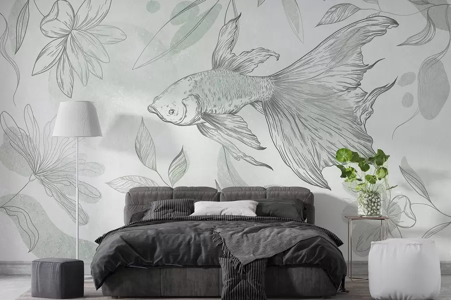 murais de parede Peixe com elementos florais, fundo verde, desenho de linha w03517v1