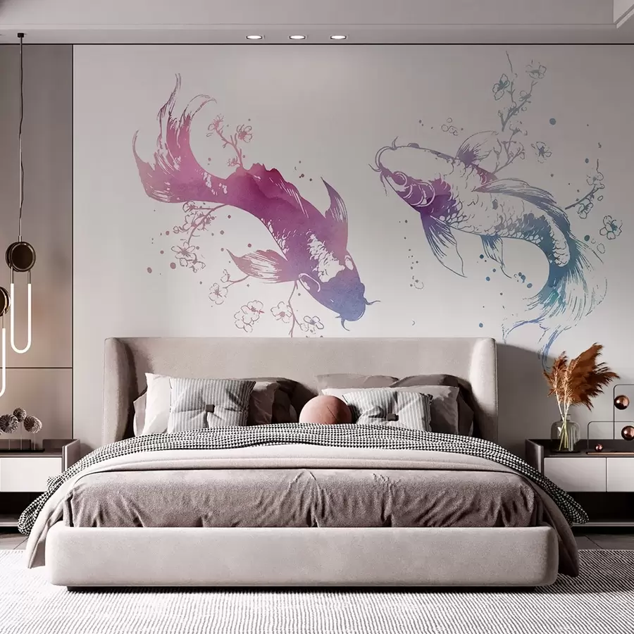 murais de parede Peixe em aquarela, estilo oriental, cerejeira, azul e roxo w03447
