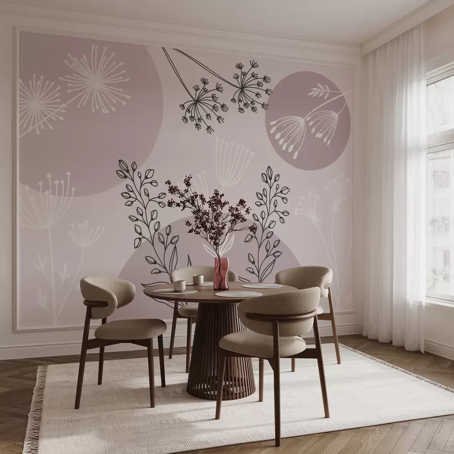 murais de parede Abstração com círculos e plantas em tons de rosa w03483