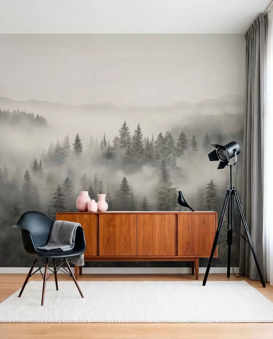 murais de parede Floresta de coníferas com neblina w03524