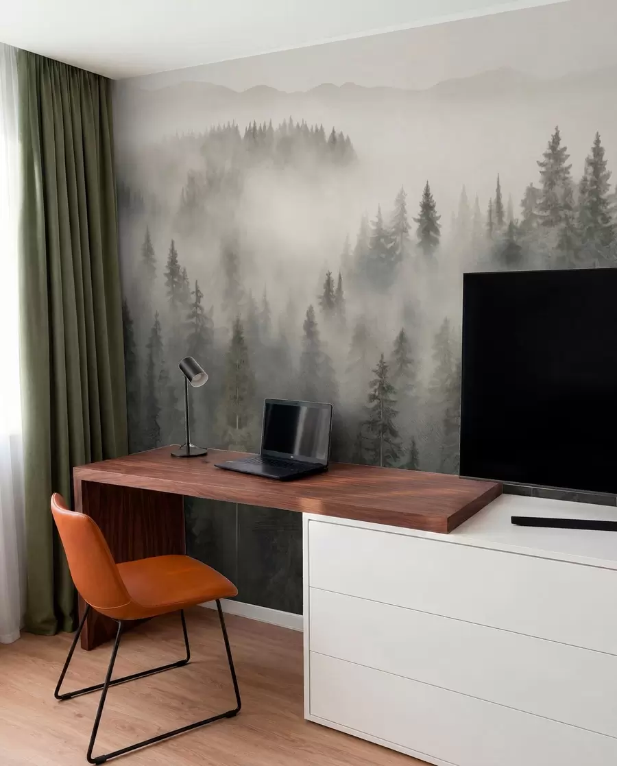 murais de parede Floresta de coníferas com neblina w03524