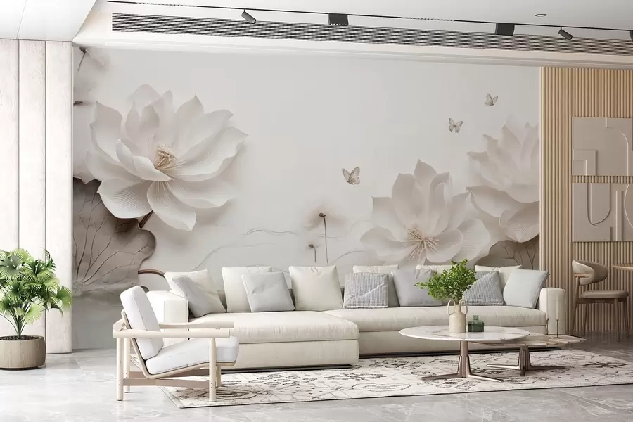 murais de parede Flores de lótus com borboletas sobre a água w03523