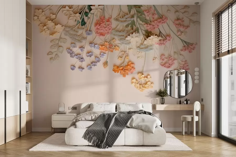 murais de parede Flores silvestres volumosas penduradas em um fundo bege w08940