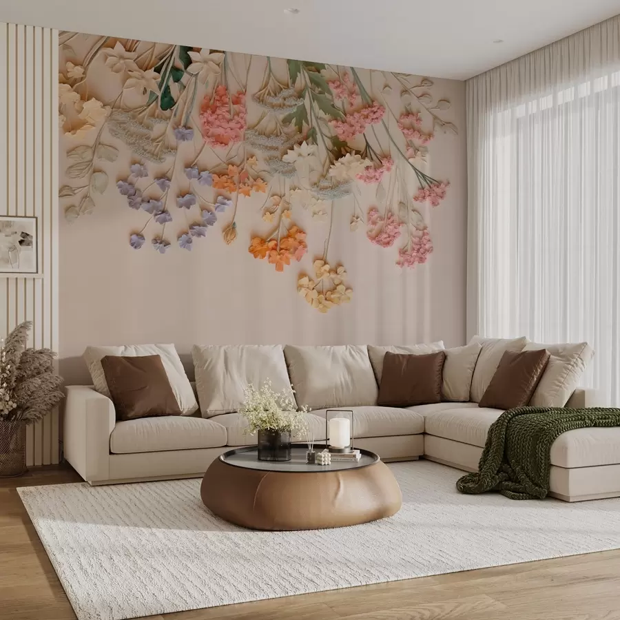 murais de parede Flores silvestres volumosas penduradas em um fundo bege w08940