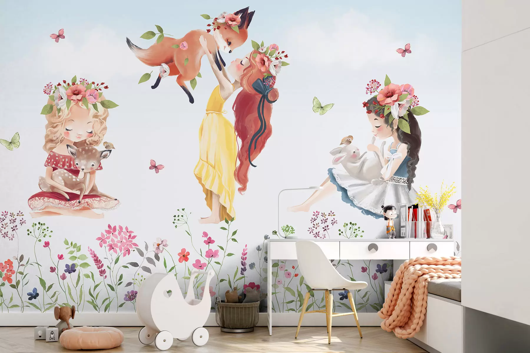 murais de parede Meninas com animais fofos da floresta w03002