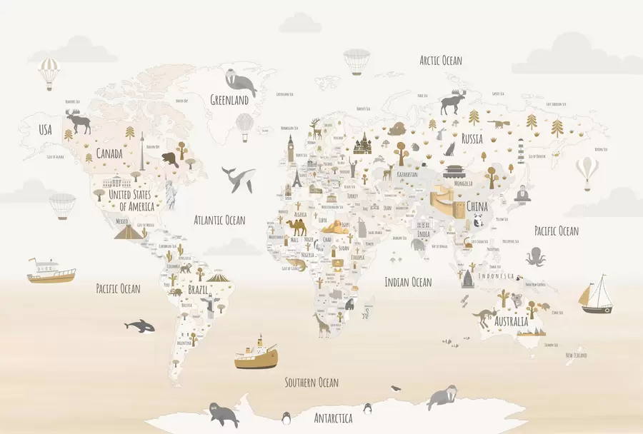 murais de parede Mapa do mundo com animais e pontos de referência w03410v1