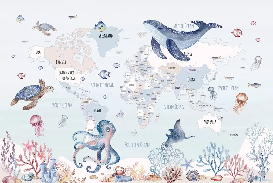 murais de parede Mundo subaquático com mapa-múndi w03526
