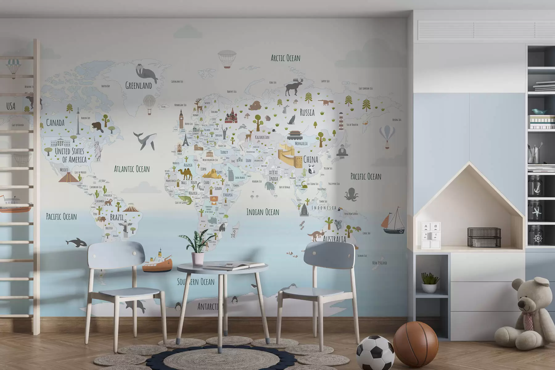 murais de parede Mapa do mundo com animais e pontos de referência w03410
