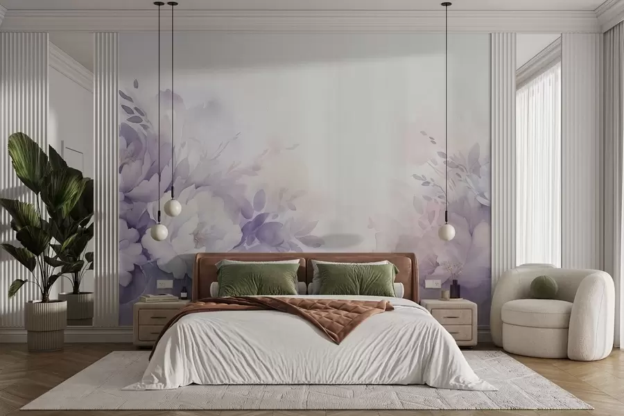 murais de parede Flores lilases grandes e delicadas, imitação de aquarela w08946