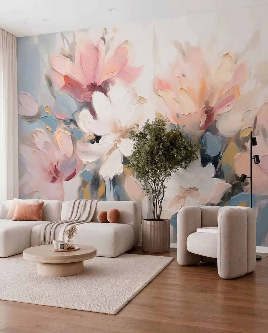 murais de parede Flores abstratas em estilo de pintura a óleo em tons suaves w03575