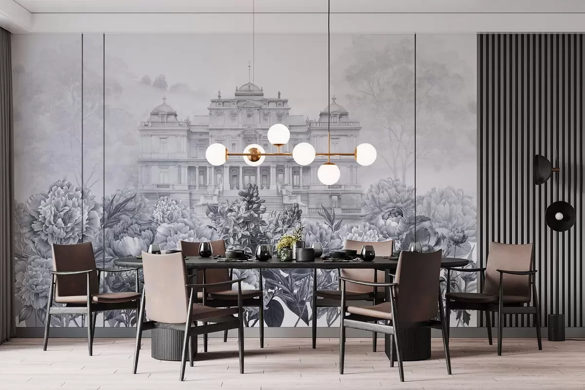 murais de parede Palácio real com jardim de peônias, estilo aquarela, natureza, cores azuis, boho w03552v1