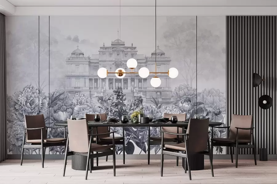 murais de parede Palácio real com jardim de peônias, estilo aquarela, natureza, cores azuis, boho w03552v1