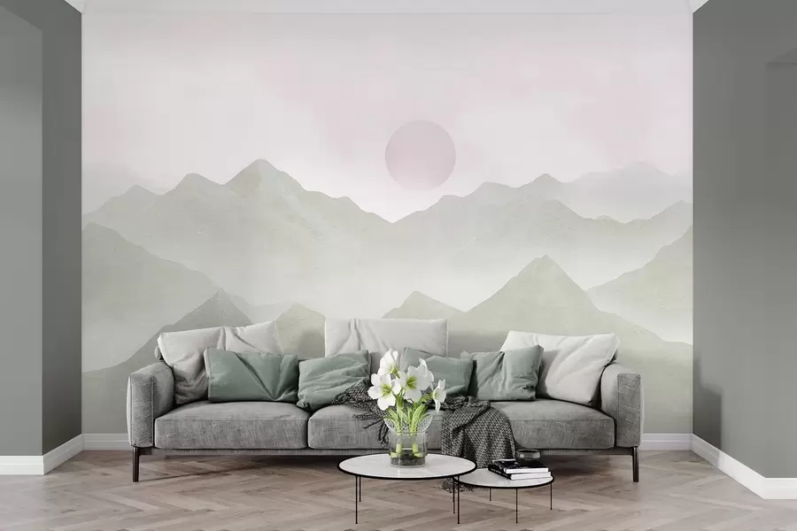 murais de parede Paisagem de montanhas em estilo Boho, pôr do sol, pastel suave, verde w03547