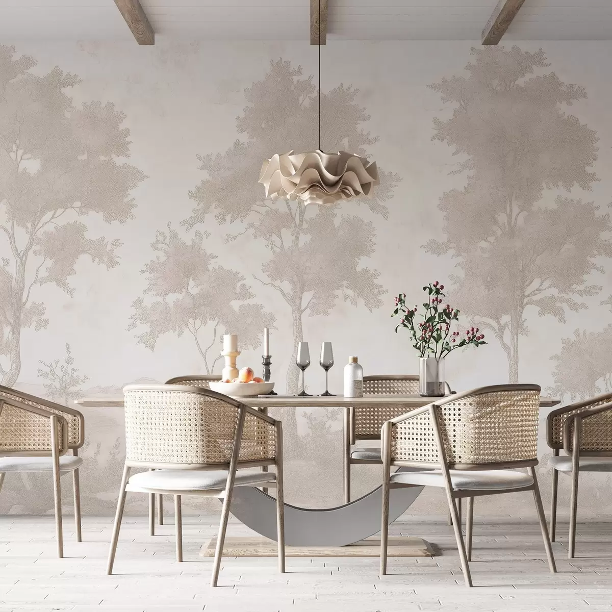 murais de parede Árvores na colina, desenho em estilo pastel, cores bege, rústico w03550