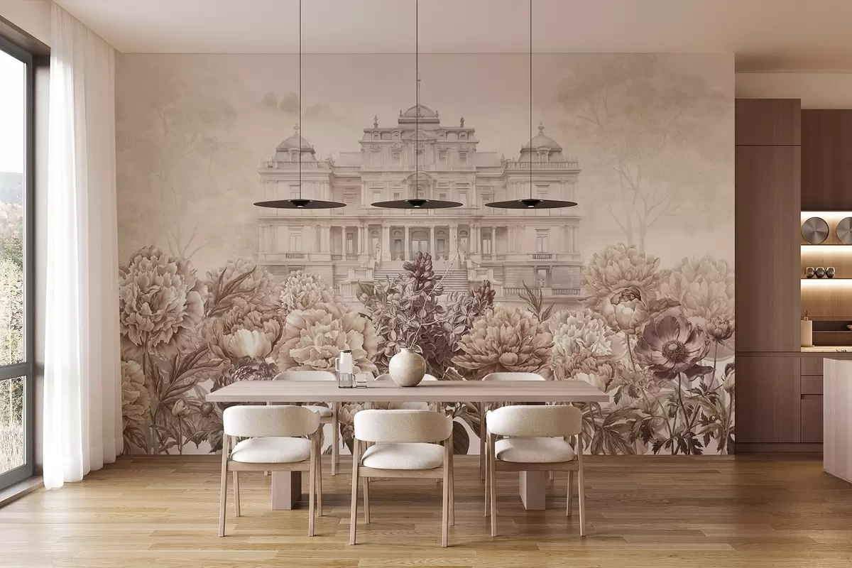 murais de parede Palácio real com jardim de peônias, estilo aquarela, natureza, cores bege, boho w03552