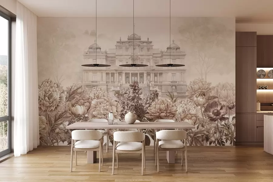 murais de parede Palácio real com jardim de peônias, estilo aquarela, natureza, cores bege, boho w03552