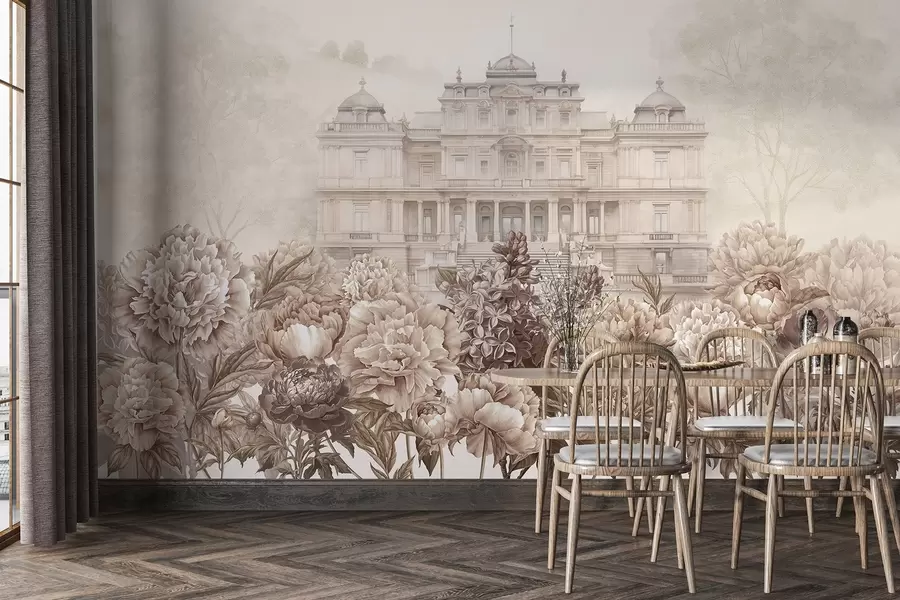 murais de parede Palácio real com jardim de peônias, estilo aquarela, natureza, cores bege, boho w03552