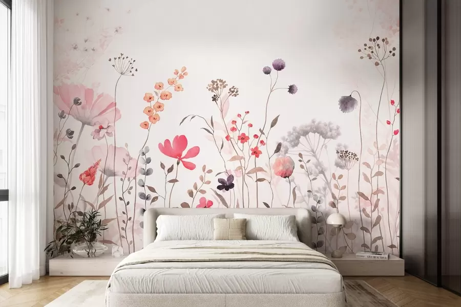 murais de parede Flores silvestres em estilo aquarela com papoulas, crisântemos, dentes-de-leão e grama w08956