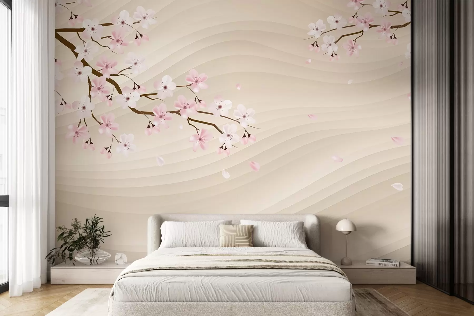 murais de parede Ramos de Sakura em um fundo arenoso ondulado w08959