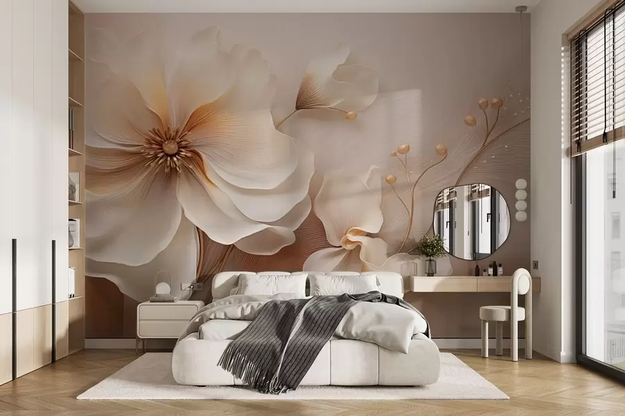 murais de parede Gramíneas silvestres bege e marrom-claro com flores em tons de bege w08960