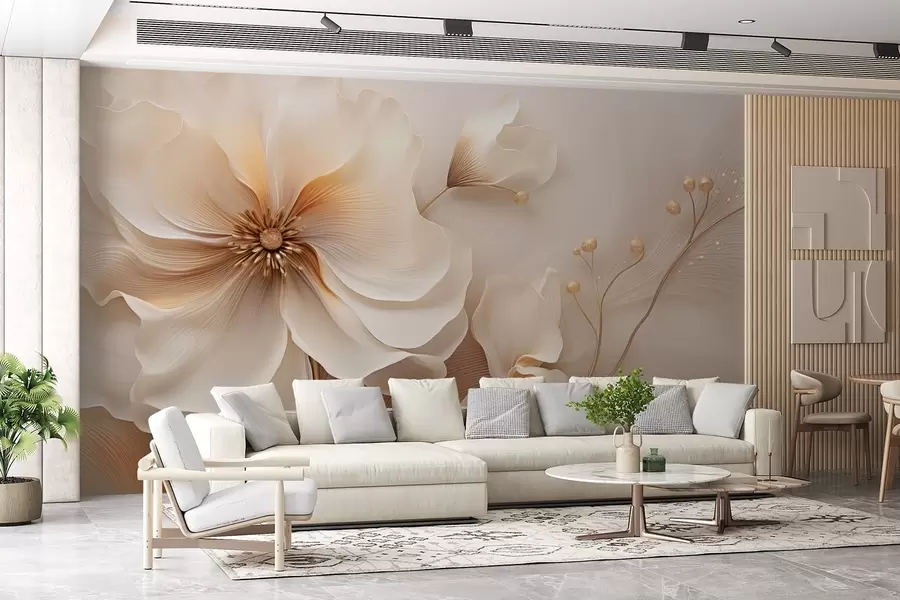 murais de parede Gramíneas silvestres bege e marrom-claro com flores em tons de bege w08960