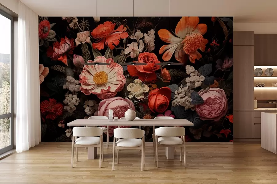 murais de parede Buquê colorido de várias flores em um fundo escuro em tons quentes w08969