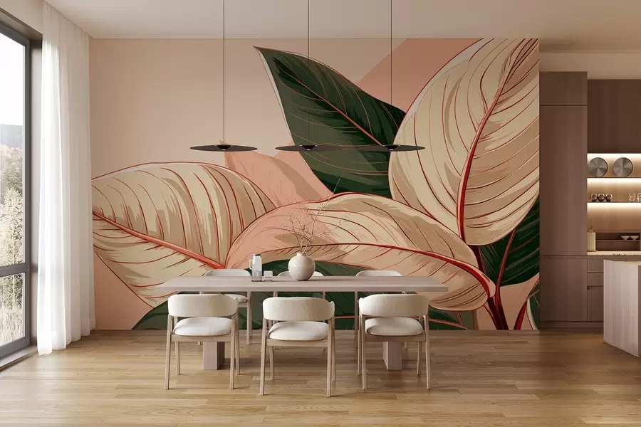 murais de parede Grandes folhas tropicais verde-bege com um fragmento rosa w08970