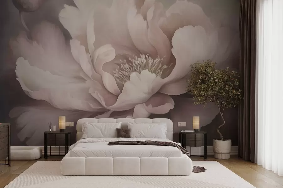 murais de parede Flor de peônia em tons pastéis em um fundo de neblina w03600v1