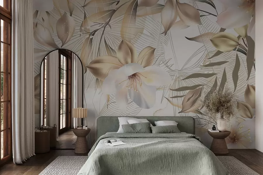 murais de parede Flores e folhas de jasmim, cores suaves, ilustração botânica, fundo floral, design elegante, pétalas delicadas w08977