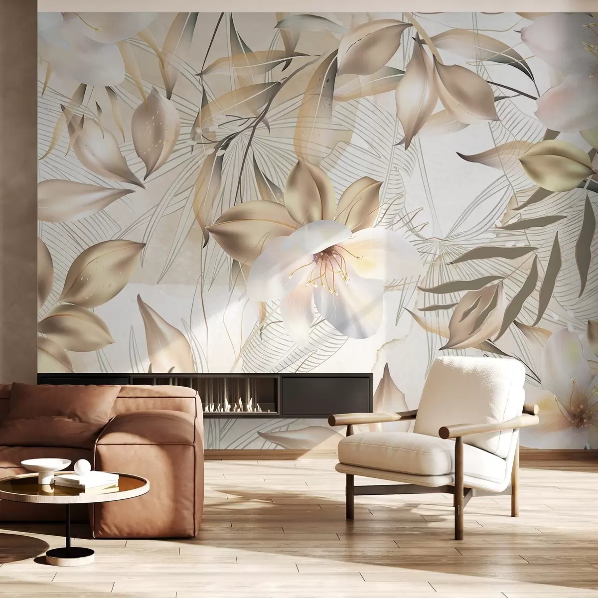 murais de parede Flores e folhas de jasmim, cores suaves, ilustração botânica, fundo floral, design elegante, pétalas delicadas w08977