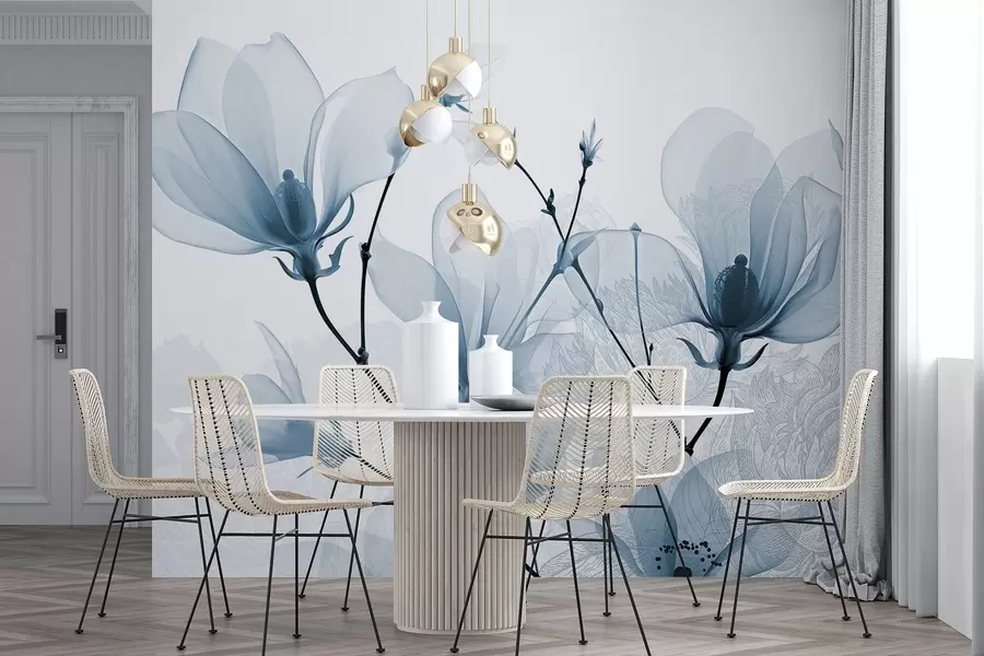 murais de parede Flores de magnólia azuis translúcidas com silhuetas de flores com pétalas delicadas e hastes escuras w08978