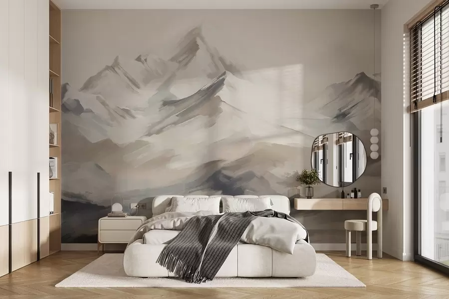 murais de parede Paisagem de montanhas com céu claro, pinceladas, cores neutras bege e cinza, cadeia de montanhas  w08980