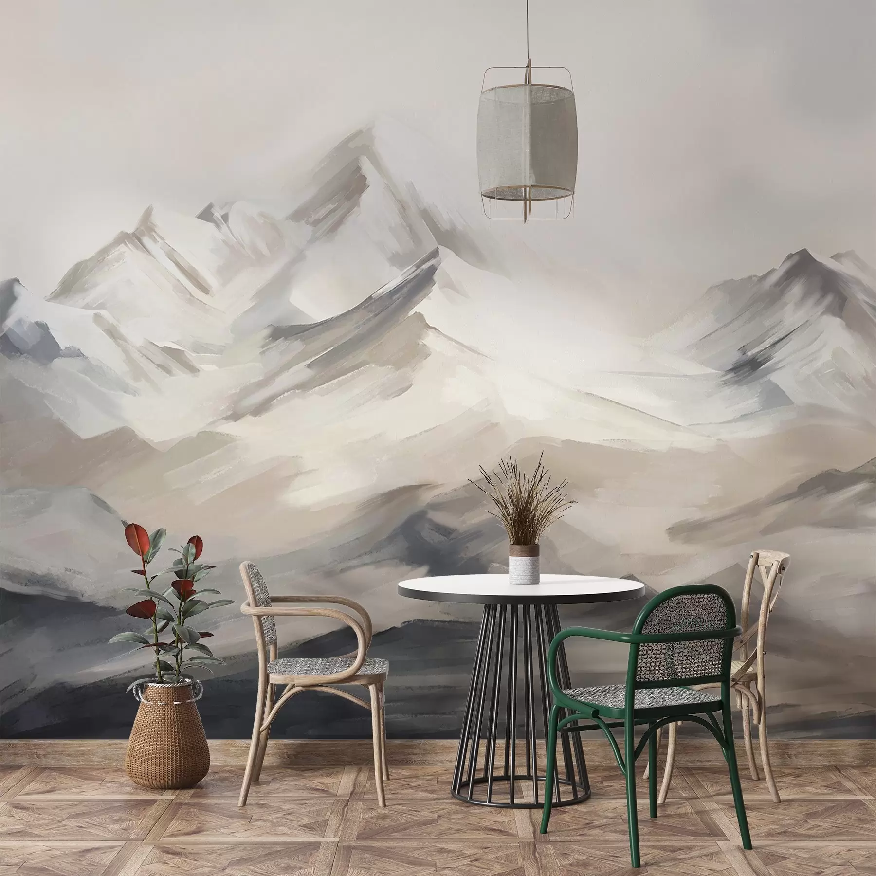 murais de parede Paisagem de montanhas com céu claro, pinceladas, cores neutras bege e cinza, cadeia de montanhas  w08980