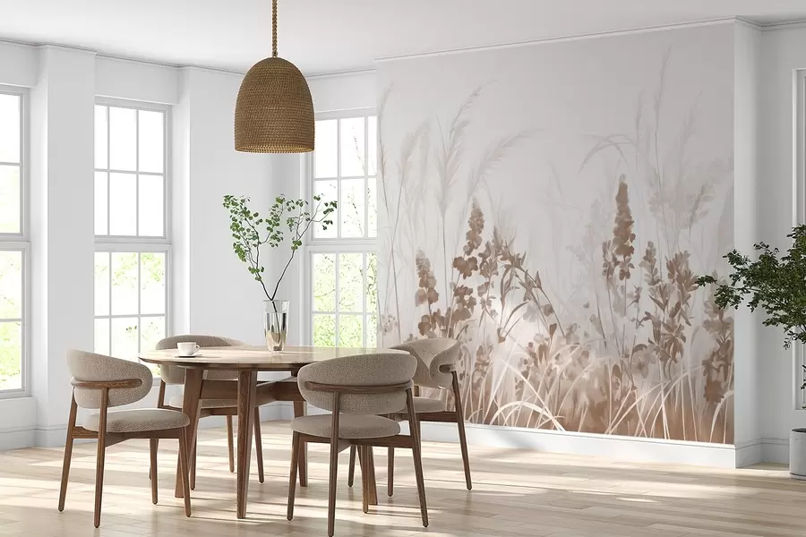 murais de parede Flores marrons e juncos bege em um campo, textura de pintura minimalista, fundo claro, cores suaves, pinceladas delicadas  w08982v1