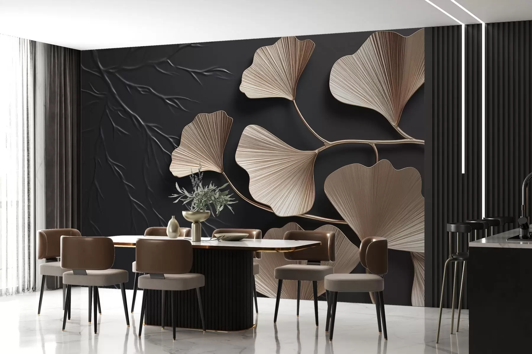 murais de parede Folhagem volumétrica em uma parede escura com galhos w03650