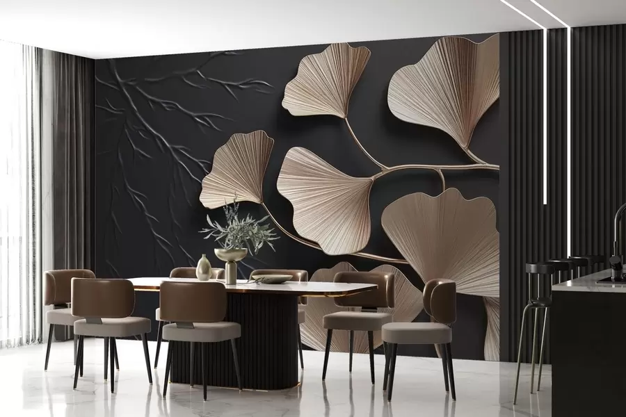 murais de parede Folhagem volumétrica em uma parede escura com galhos w03650