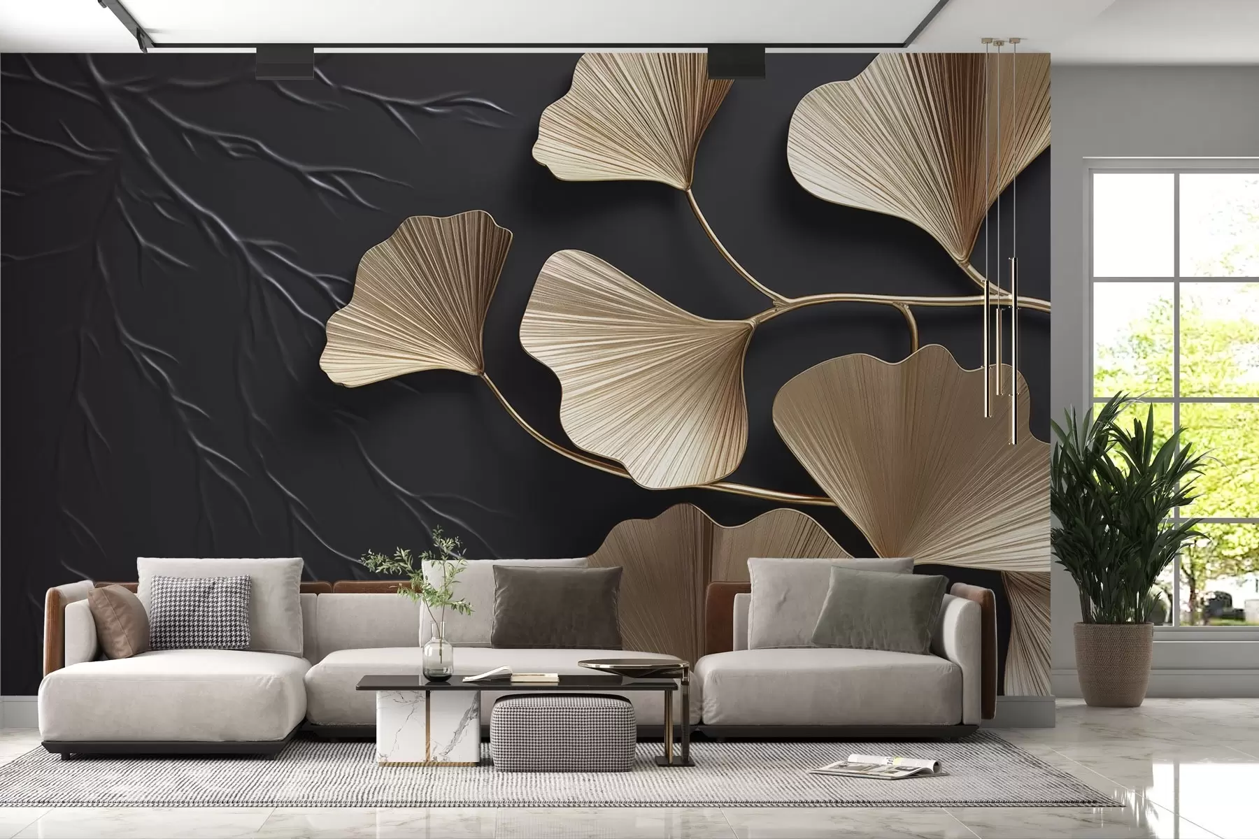 murais de parede Folhagem volumétrica em uma parede escura w03650v1