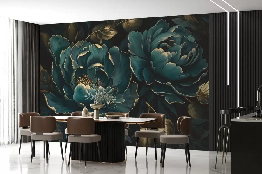 murais de parede Flores de peônia desabrochando em um fundo escuro w03651