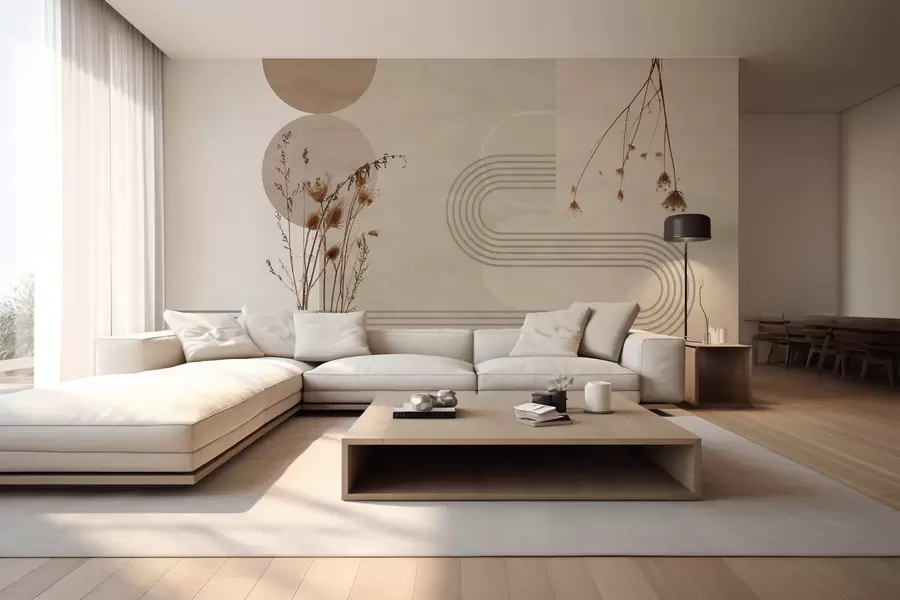 murais de parede geometria elegante e flores secas em tons de bege w03449