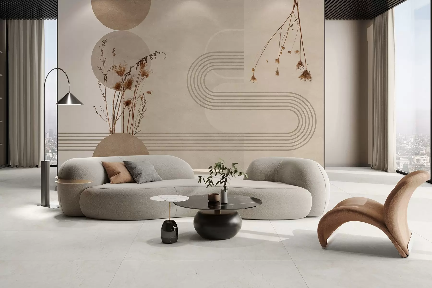 murais de parede geometria elegante e flores secas em tons de bege w03449