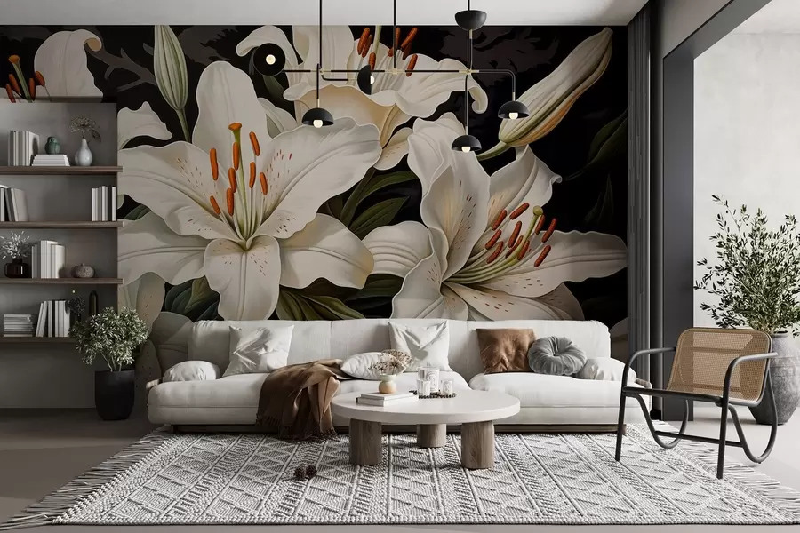murais de parede Flores brancas grandes e elegantes em um fundo escuro w08983
