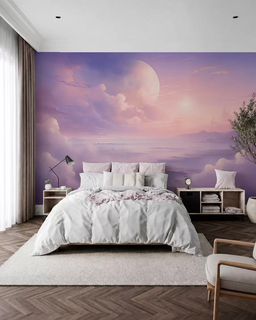 murais de parede Céu mágico rosa-púrpura com a lua e as nuvens w08986