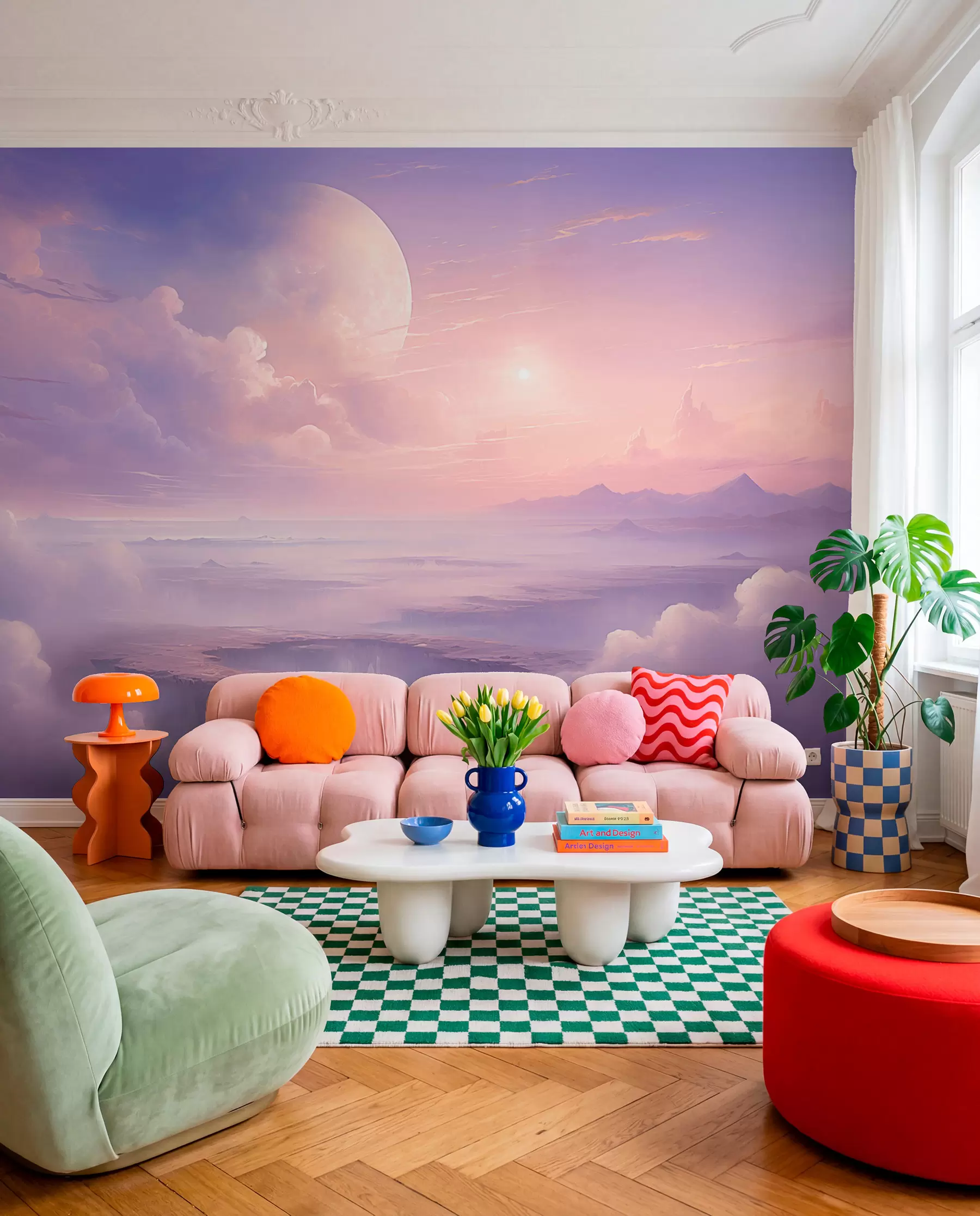 murais de parede Céu mágico rosa-púrpura com a lua e as nuvens w08986