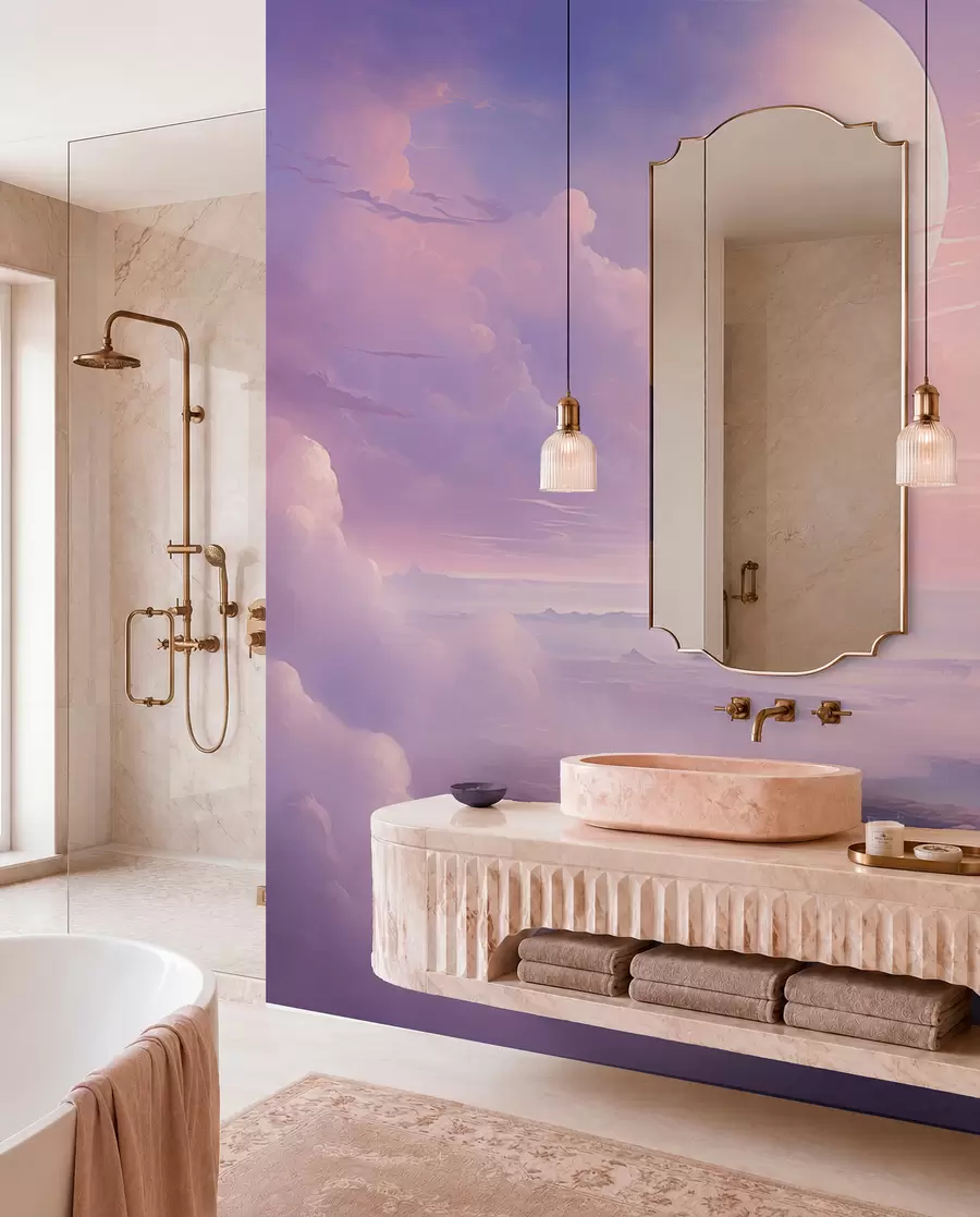 murais de parede Céu mágico rosa-púrpura com a lua e as nuvens w08986