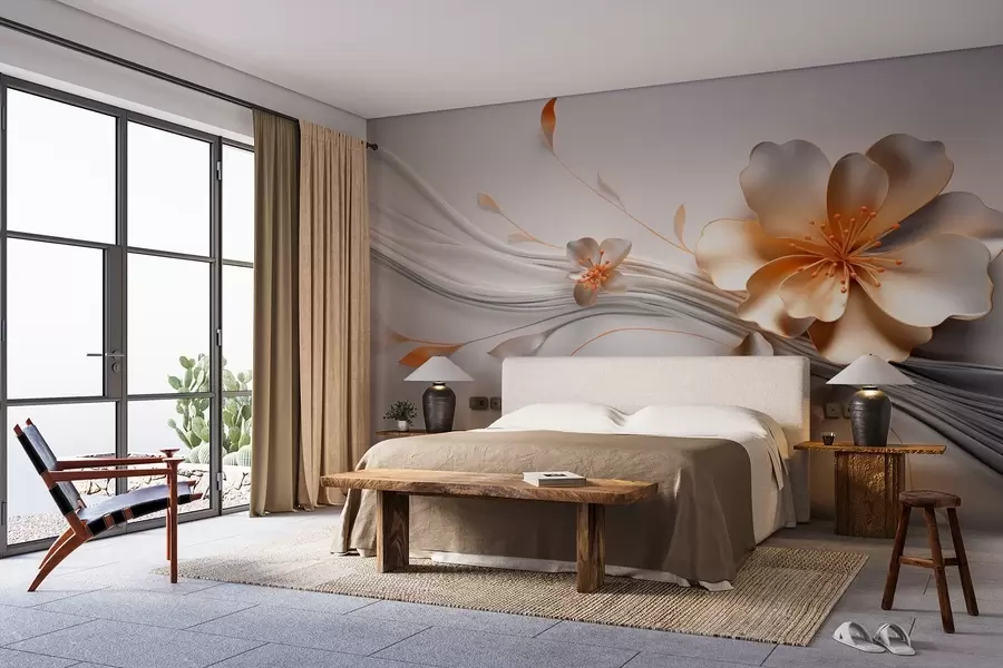 murais de parede Uma flor laranja em um fundo abstrato cinza w09004