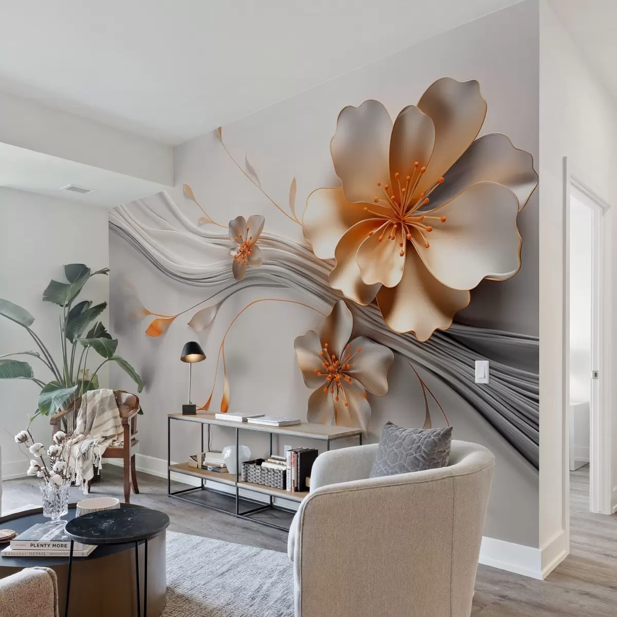 murais de parede Uma flor laranja em um fundo abstrato cinza w09004