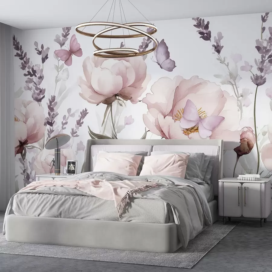 murais de parede Prado de flores, peônias, lavanda, borboletas, estilo aquarela, cores rosa w03668
